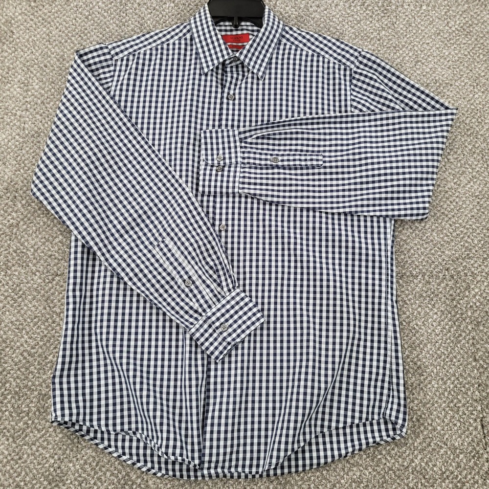 Alfani Fitted‎ Stretch Mens 15.5 34-35 Navy Gingham Check Button Down Shirt M